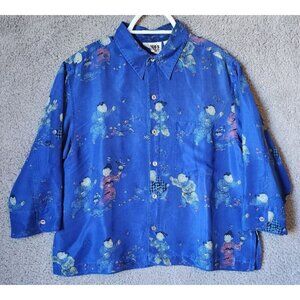 Vtg Chico’s Design Women's 3/4 Sleeve Button Up Blouse 100% Silk Asian Print M